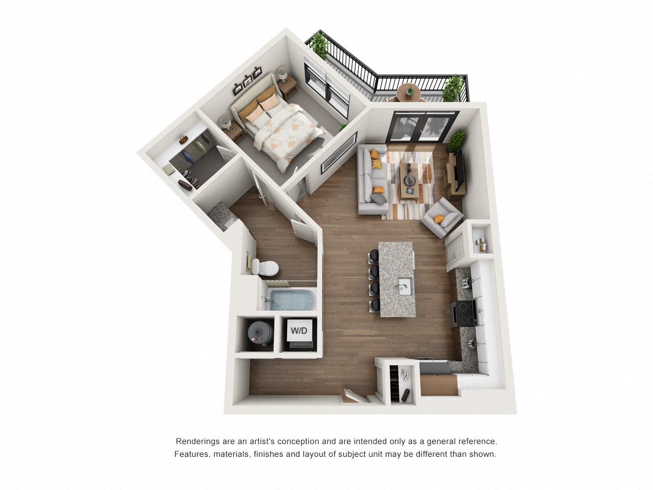 Floor plan for 1 bed, 1 bath, 770 sqft